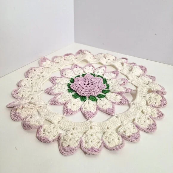 Hand Crocheted Lace Doily Flower Lavender White Green Purple Cotton 10 Inch - Picture 2 of 14